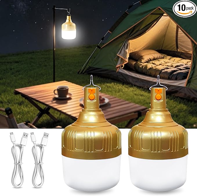2 Pack Rechargeable LED Camping Lantern, 4000mAh IPX4 Waterproof Tent Light with Hook, USB Flashlight for Hiking, Travel, Hurricane Power Outage Emergency, Home Garage Repair, BBQ Lighting