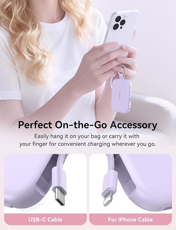 RORRY CharmGo Portable Charger, 5000mAh Portable Charger Power Bank with Built-in Cables, Travel Keychain Charger Battery Pack for iPhone 17/16/15/14/13/12, for AirPods 2/3/4/Pro, Purple
