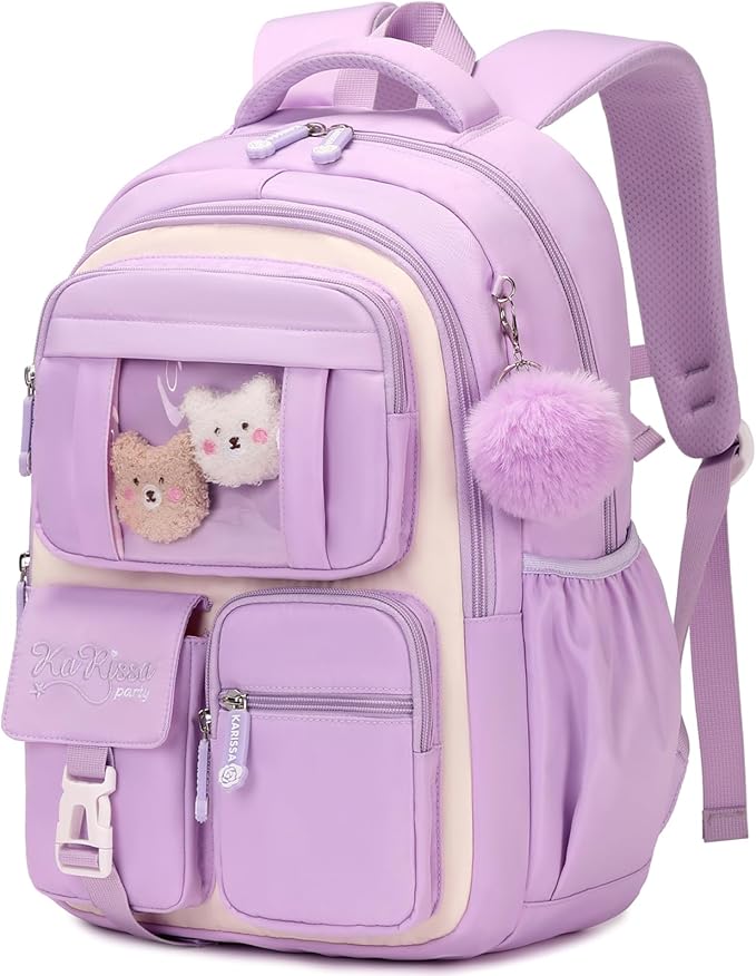 PIG PIG GIRL Kids Backpack for Girls School Bags for Middle School Students Book Bag for Elementary Primary Kawaii Ita Backpack, Purple and Beige