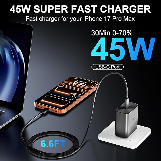 Phone 17 16 Pro Max Charger Fast Charging, 45W USB C Phone 17 16 Super Fast Charger Block with 6.6ft Long Type C Charging Cable Cord for i.Phone 17 Pro Max/17 Pro/17 Air/17/16/16Pro/16 ProMax /-Black