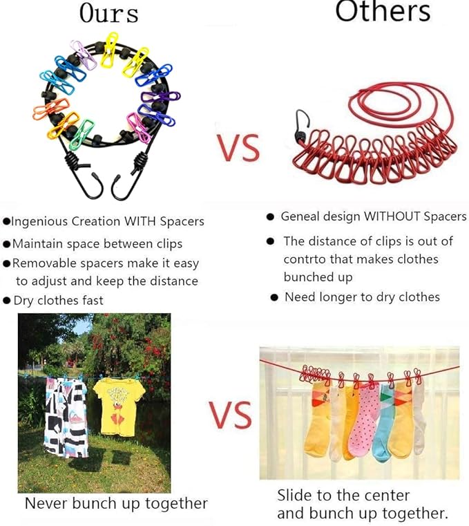 2 Pack Portable Clothesline with 12 Clothespins, Windproof Travel Clothesline Stretchy Retractable Elastic Laundry Clothes Line for Backyard, Vacation Hotel, Balcony Clothes Drying Line