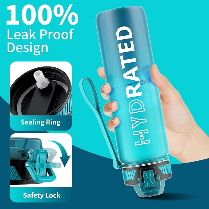 QLUR Water Bottle with Straw, 27oz Motivational Water Bottles with Time Marker to Drink, Tritan BPA Free, 750ml Sports Water Bottle with Carry Strap LeakProof for School Fitness Outdoor (1Pack)