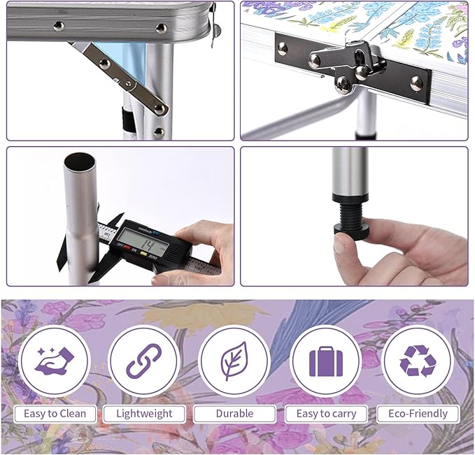 Yriuat Folding Camping Table 2ft Portable Pinic Table Adjustable Height Small Card Table Aluminum Foldable Lightweight with Carry Handle for Outdoor Indoor Hiking Camp BBQ Beach (Blooming Floral)