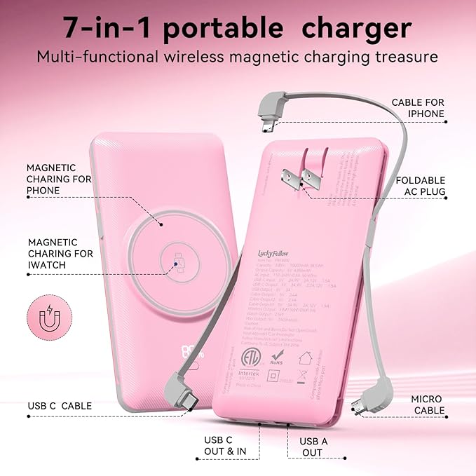 Magnetic 10000mAh Portable Charger for iWatch & iPhone, PD Fast Charging Wireless Power Bank Built-in Cables and Wall Plug, External Travel Battery Pack Compatible with iOS Android Phones