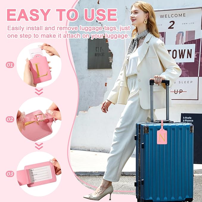 Personalized Initial Luggage Tags for Suitcase, Pink Leather Cute Luggage Tags with Privacy Cover Name Card, Embroidered Custom Monogrammed Luggage Tag Travel Bag Baggage Tags Gifts for Women Kids(N)