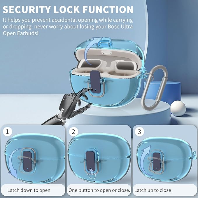 [Secure Lock] for Bose Ultra Open Earbuds Case(2024), TUDIOW Clear TPU Shockproof Protective Cover for Bose Open Ear Wireless Earbuds Accessories with Cleaning Kit& Keychain (Clear Blue)