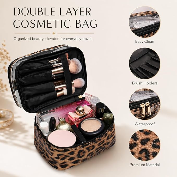Double-layer Cosmetic Bag Makeup Bag Travel Makeup Bag Makeup Bags for Women Cosmetics Cases Portable Waterproof Foldable (Leopard)