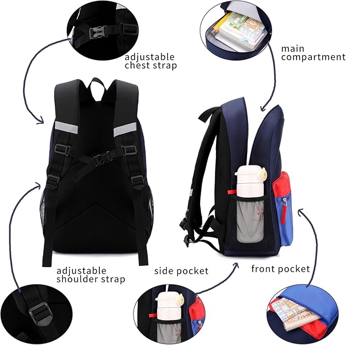 Backpack Set for Girls Boy Kids Backpack with Lunch Box for Elementary Primary Kindergarten School Bag (Navy Blue Set, Large)