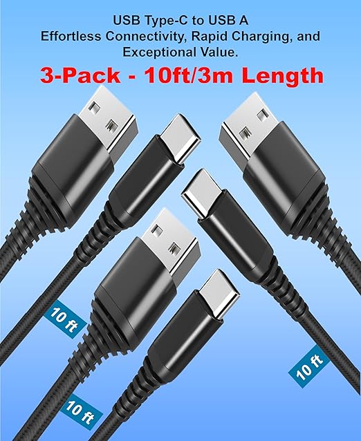 (3 Pack - 10ft USB Type C to USB A Cables - QC Fast Charging 10 feet Braided Cords Compatible with iPhone 15, MacBook Pro, iPad mini 6, Air 4, Galaxy S23, Note, Pixel, Moto Edge Android
