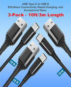 (3 Pack - 10ft USB Type C to USB A Cables - QC Fast Charging 10 feet Braided Cords Compatible with iPhone 15, MacBook Pro, iPad mini 6, Air 4, Galaxy S23, Note, Pixel, Moto Edge Android