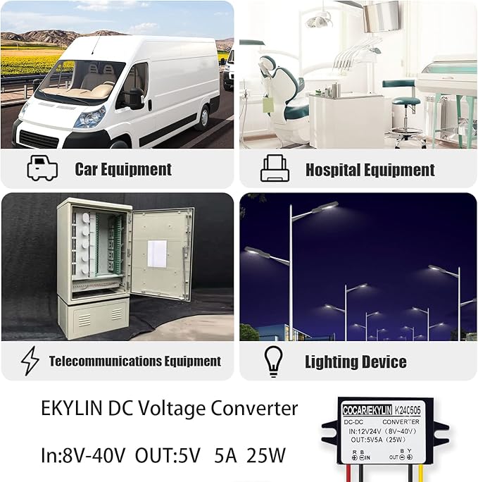 DC 12v 24v to 5v Step Down Converter Regulator 5A 25W Power Adapter Reducer for Car Electronics Truck Vehicle Boat Solar System (Accept DC 8-40V Inputs)