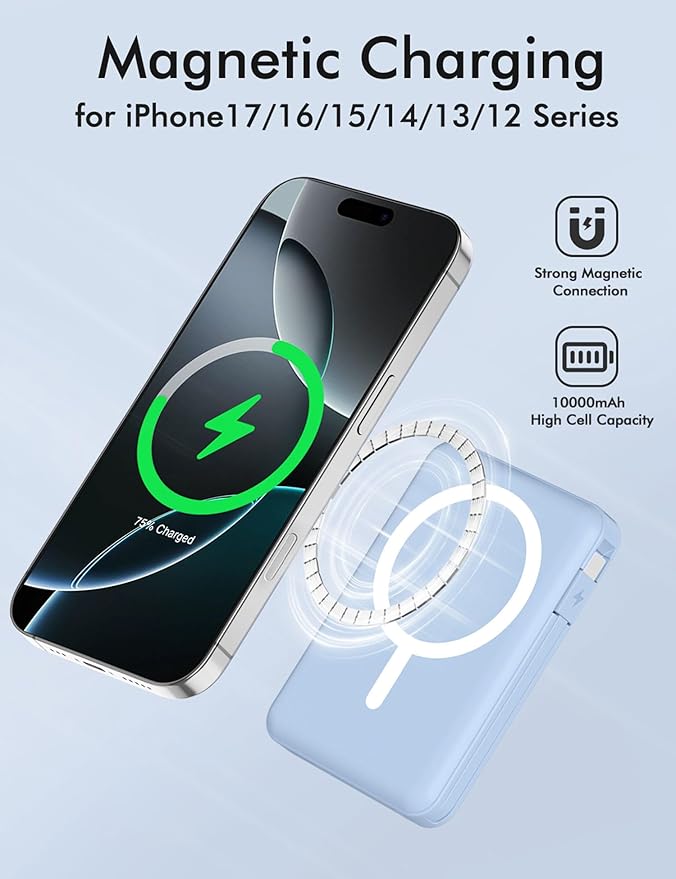 podoru for Magsafe Battery Pack, 10000mAh Magnetic Power Bank Built-in Double USB C Cables 20W PD Fast Charging LED Display Wireless Portable Charger for iPhone 17/16/15/14/13/12 Series-Sierra Blue