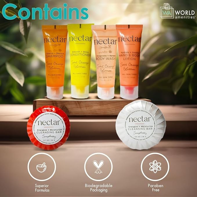 World Amenities Nectar Mini Travel Size Toiletries Bathroom Kit | Sweet Orange Blossom| Shampoo, Conditioner, Body Wash, Lotion, Two Round Cleansing Bars and Body Bar