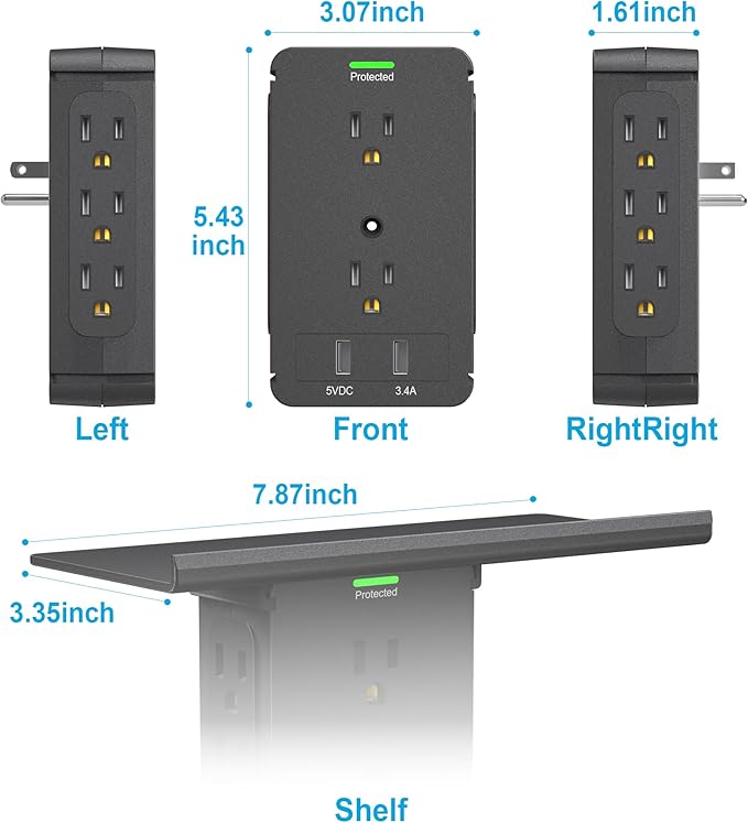 Socket Wall Shelf-CFMASTER 10 Port Surge Protector Wall Outlet, 8 Electrical Outlet Extenders and 2 USB Ports 2.4A, with Removable Built-In Shelf, FCC Listed (2, Black)