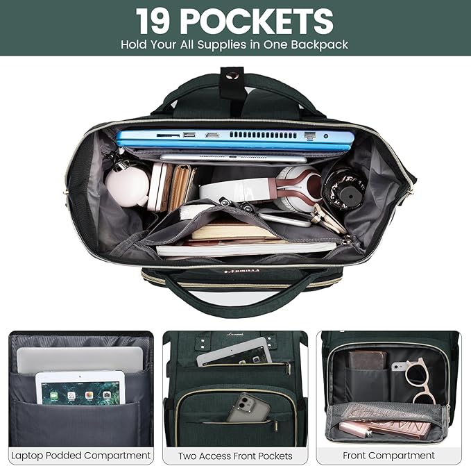 LOVEVOOK Laptop Backpack for Women,18 Inch Professional Womens Travel Backpack Purse Computer Laptop Bag Nurse Teacher Backpack,Waterproof College Work Bags Carry on Back Pack with USB Port,Dark Green
