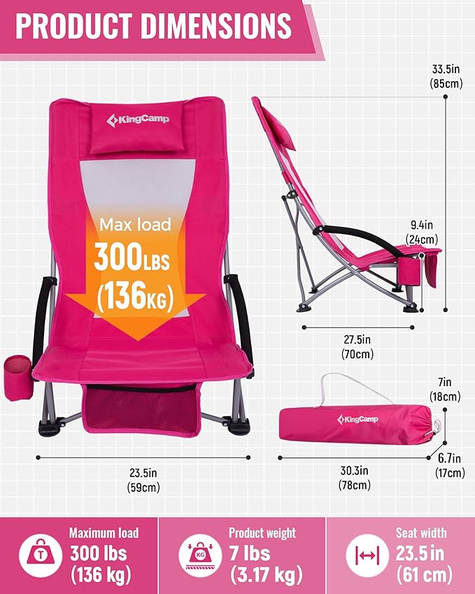 KingCamp Low Beach Chair, High Back Folding Camping Chair for Adults, Oversized Breathable Mesh Seat, 300lbs Heavy Duty Portable Chair with Cup Holder & Storage Pockets for Beach, Outdoor