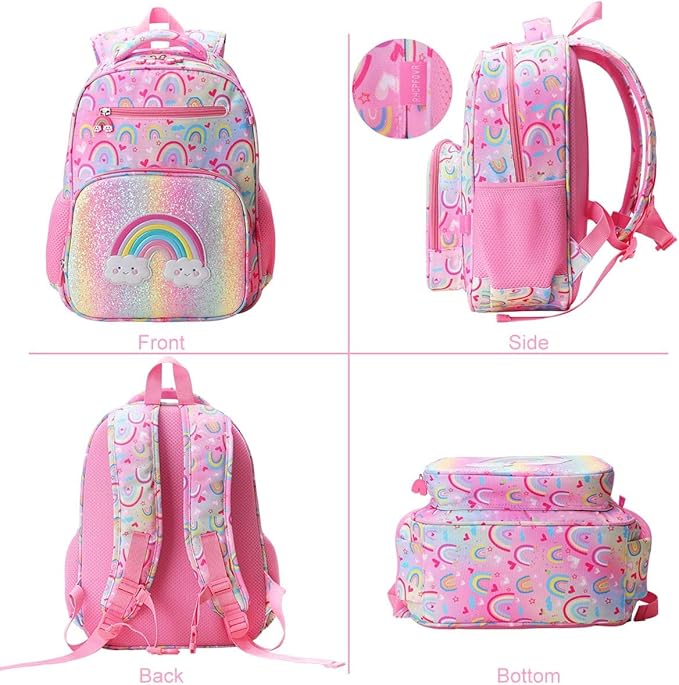 RHCPFOVR Kids Backpack for Girls - Girls Backpack 3-8 Ages Rainbow for Kids 15 Inch School Bookbag for Kindergarten Elementary School Bookbag for Girl 1st 2nd Grade