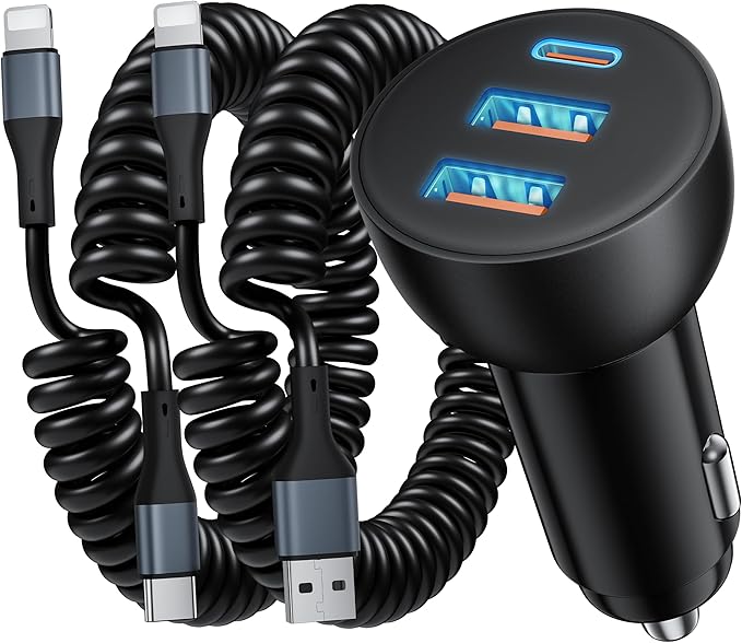 3-Port 70W Fast Car Charger for iPhone 14 13 12 11 Pro Max SE XR XS X 8 7 6 Plus, iPad, 2 Pack USB C Car Charger Adapter Cigarette Lighter with Coiled USB iPhone Carplay Cable &Lightning Charging Cord