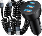 3-Port 70W Fast Car Charger for iPhone 14 13 12 11 Pro Max SE XR XS X 8 7 6 Plus, iPad, 2 Pack USB C Car Charger Adapter Cigarette Lighter with Coiled USB iPhone Carplay Cable &Lightning Charging Cord