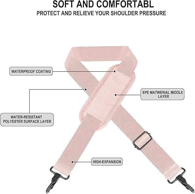 72 inch Shoulder Strap, Universal Replacement Laptop Shoulder Strap with Adjustable Buckles and Metal Hooks for Briefcase Laptop Messenger Bag Crossbody Bag Luggage/Duffel, Pink