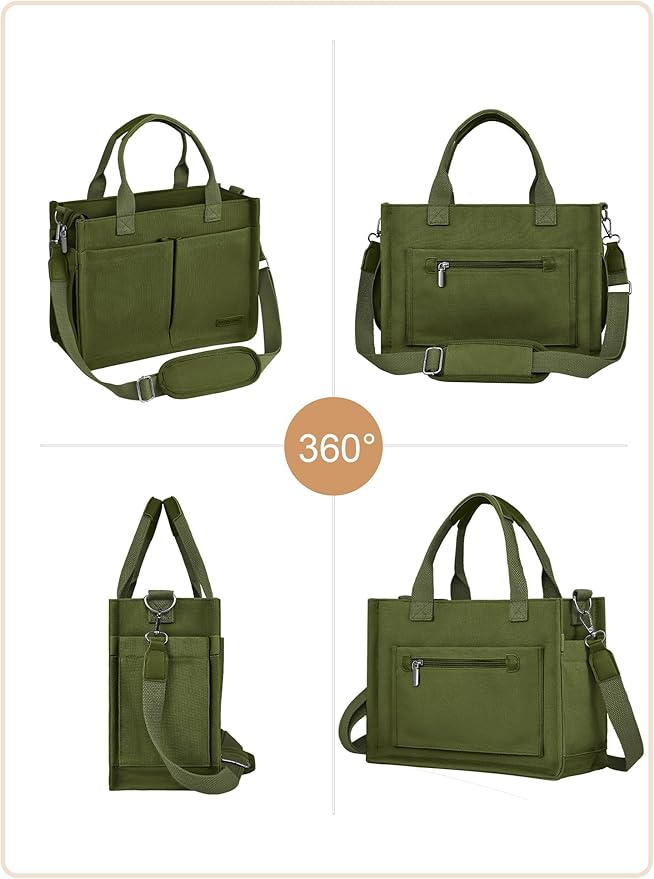 BESBESME Canvas Tote Bag for Women with Zipper & Compartments– Large Work & College Laptop Tote Crossbody Shoulder Bag