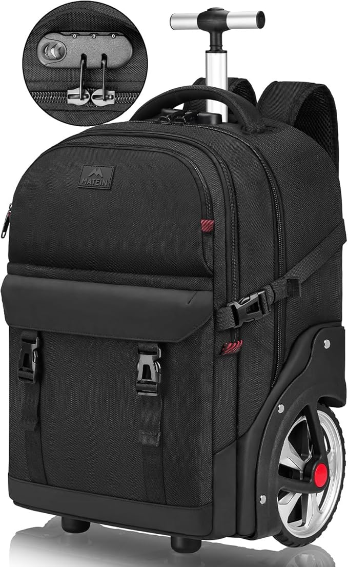 MATEIN Rolling Backpack for Men with Wheels, 17 Inch Large Wheeled Backpack with Combination Lock, Water Resistant Anti Theft Travel Laptop Backpack for Adults Work Business, Black