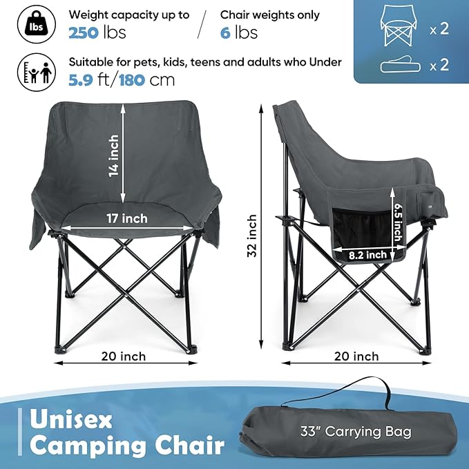 HaSteeL Camping Chair for Adults, Compact Folding Portable Chairs Set with Side Pockets for Outdoors Fishing, Hiking, Backpacking, Picnic, Beach, Travel, Supports to 250lbs, & Storage Bags (Grey)