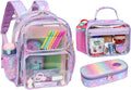 Bagseri 3pcs Clear Backpack for Girls - 15 Inch School Bag Set with Lunch Box and Pencil Case, Heavy Duty Transparent Bookbag for Kindergarten to Grade 2, Purple Mermaid