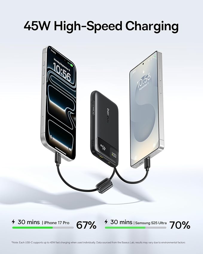 Baseus 45W Ultra Slim 10000mAh Power Bank Built-in USB-C Cables, CCC Certified Portable Charger, Travel Essential Fast Charging Pocket Size Phone Battery Pack for iPhone 17 16 Samsung S25 S24 iPad