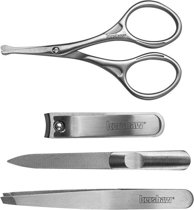 Kershaw Manicure Kit, 4-Piece Stainless Steel Set with Case, Mens Grooming Kits, Includes Fingernail Clipper, Double-Sided Nail File, Beard and Moustache Scissors and Tweezers