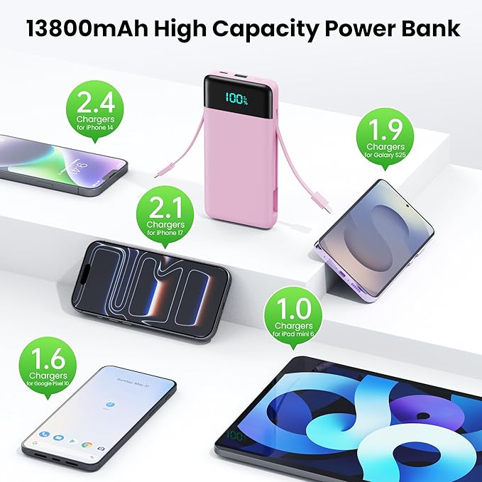 Portable Charger with Built-in AC Plug and Cables,13800mAh All in One USB C Fast Charging Power Bank,Travel Essentials Portable Phone Charger Battery Pack for iPhone 17/16/15/14/13,Galaxy,Android-Pink