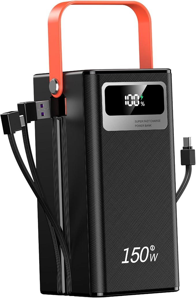 100000mah Power Bank, Fast Charging Portable Charger, with LED Light, with Built-in Cables, 4 Outputs & 3 Inputs, Rechargeable Portable Power Supply for Cell Phones, Random Color