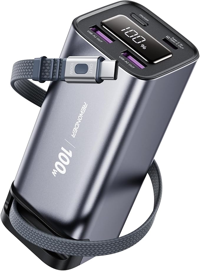 REWONDER 100W Power Bank Fast Charging 20000mAh with Built-in Retractable USB-C Cable, Portable Charger for MacBook Laptop, iPhone 17/16 Series, Samsung, TSA Approved for Air Travel