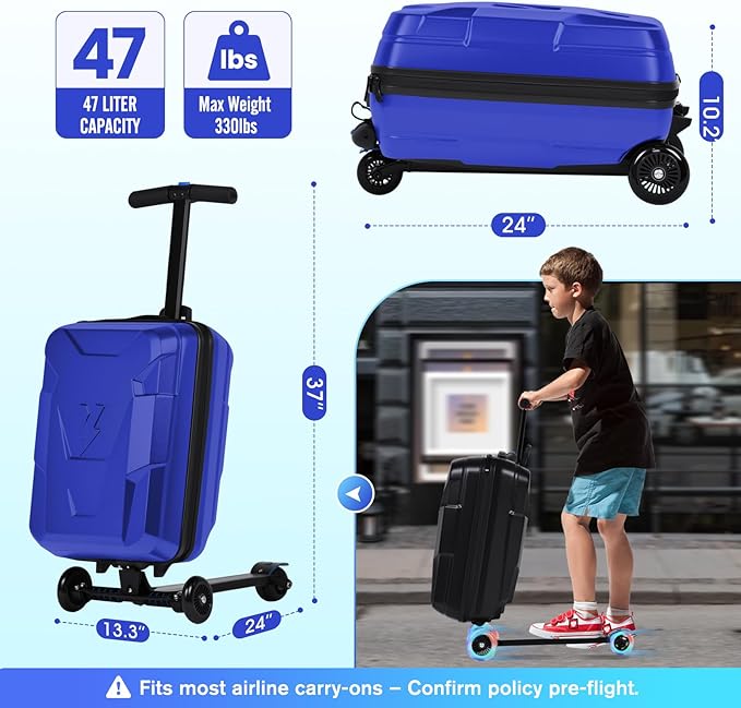 smilesun Scooter Suitcase for Kids & Adults, Foldable Carry On Travel Luggage, Hardside Ride on Scooter Suitcase with Spinner Wheels，Blue
