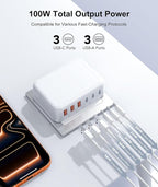 Fast Charger Block, GaN 6 Port USB C Charging Station Hub Cube, 100W Multiport Type C Wall Charger Power Strip Plug with PD 3.0+QC for iPhone13 14 15 16 17 Pro Max XR XS 8 7, Samsung, iPad, Table