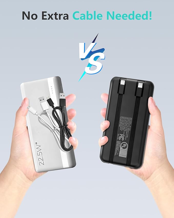 Miady [UL Listed] 2-Pack Portable Charger, 10000mAh Slim Power Bank Built-in 2 Cables Lightweight Travel Battery Pack 3 Outputs 2 Inputs Compatible with iPhone 17/16/15/14/13 Galaxy S24/S22 iPad etc