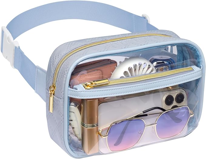 Packism Clear Fanny Pack for Women Stadium Approved - Quilted Clear Belt Bag, Adjustable Strap Fits 35-51 Inches, Transparent Waist Bag for Sports Concerts Festivals, Dusty Blue
