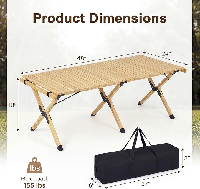 GYMAX 48 Inch Folding Camping Table, Roll-Up Pine Wood Picnic Table with Carry Bag, Portable Lightweight Low Beach Table for BBQ, Party, Backyard Camping