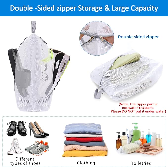 SelfTek Shoe Bags for Travel, 6 Pack 3 Size Double-Sided Zipper Shoe Bag for Men & Women, Waterproof Portable Shoe Storage Pouch with Handle, Family Travel Accessories