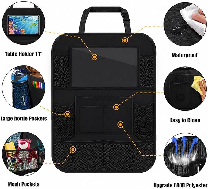 ULEEKA Car Backseat Organizer with 10" Table Holder, 9 Storage Pockets Seat Back Protectors Kick Mats for Kids Toddlers, Travel Accessories, 2 Pack