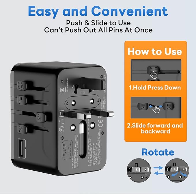 Universal Travel Adapter 70W GaN - International Power Adapter 3 USB C 1 USB A, Worldwide Travel Essentials, European Travel Plug Adapter for Laptop, Phone, Type C/G/D/I/A