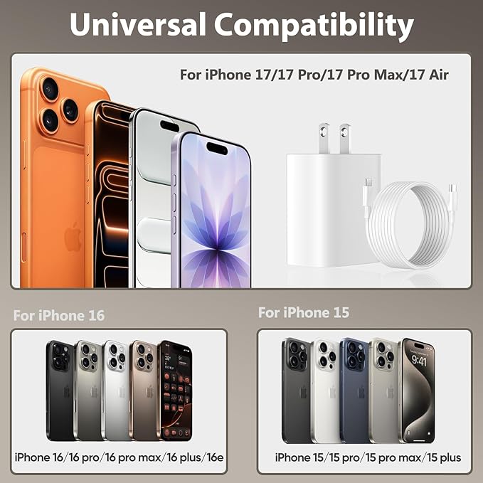 Phone 17 16 15 Charger Fast Charging, 3 FT Long USB C Charger Cord with 20W Type C Fast Phone Charging Block forPhone 17/17 Pro/17 Pro max/Air/Phone 16 15 Pro Max Plus, iPad, Android,White