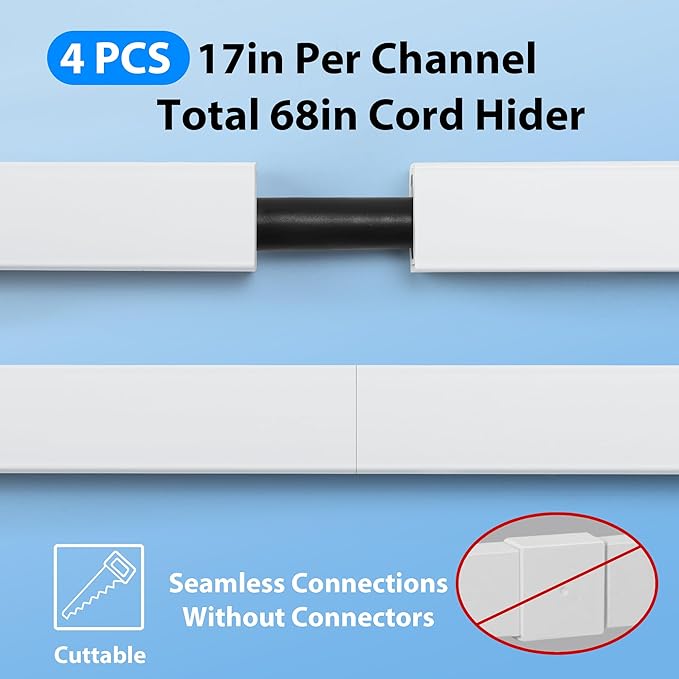 ZhiYo Cord Hider Wall for One Cord, 68in Cord Covers for Wires on Wall, Easy Install Cable Cover Wall, Cable Raceway White Hide Cords, Cable Hider Cord Management Wall, 4X L17in W0.6in H0.4in