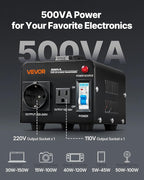 VEVOR Voltage Converter Transformer, 500VA, Heavy Duty Step Up/Down Power Transformer, Convert from 110V to 220V and 220V to 110V, with US Outlet, EU Outlet, Power Cord, Circuit Breaker Protection