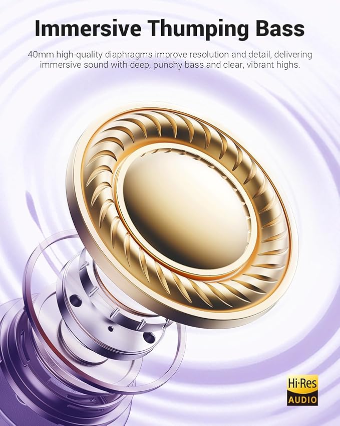 Wentronic Y01 Wireless Noise Canceling Headphones Bluetooth 5.3 Over Ear Headphones with Microphone, Hi-Res Audio, 48H Playtime, Foldable Comfortable Earpads,Compatible with iOS,Android,PC, Purple