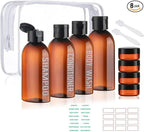 Travel Bottles for Toiletries 8 Pack 3.4oz TSA Approved Travel Size Containers Leak Proof Plastic 0.35oz Small Cream Jars Refillable Toiletry Bottles for Shampoo Conditioner Lotion(Brown)