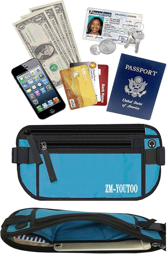 ZM-YOUTOO Money Belt for Travel - Hidden Travel Pouch Protect Your Credit and Money With RFID Blocking Passport Holder Waist Wallet (Blue)