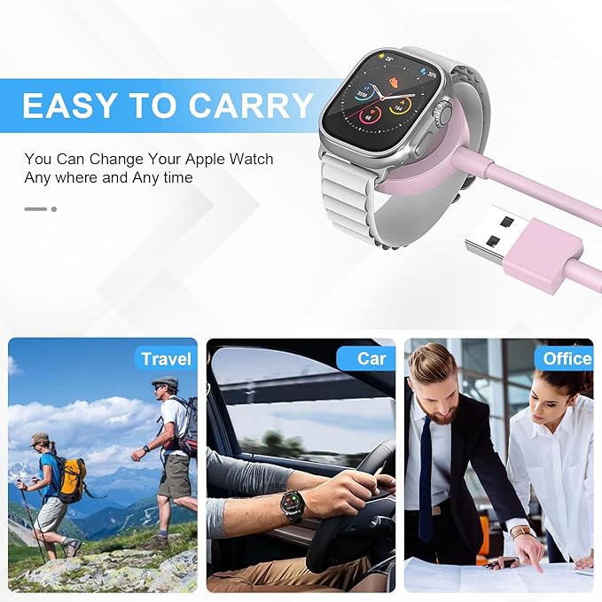 Fast Charger for Apple Watch Charger, Magnetic iWatch Charger to USB A Cable 3.3FT with USB A Wall Plug Adapter for Apple iWatch Series Ultra/10/9/8/7/6/SE/5/4/3/2 (Pink)