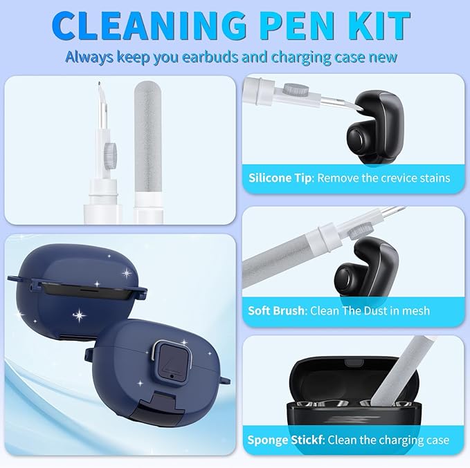 for Bose Ultra Open Earbuds Case with Secure Lock & Phone Stand, Soft TPU Shockproof Protective Clear Case for Bose Open Ear Earbuds Accessories with Cleaning Pen & Keychain (Dark Blue)
