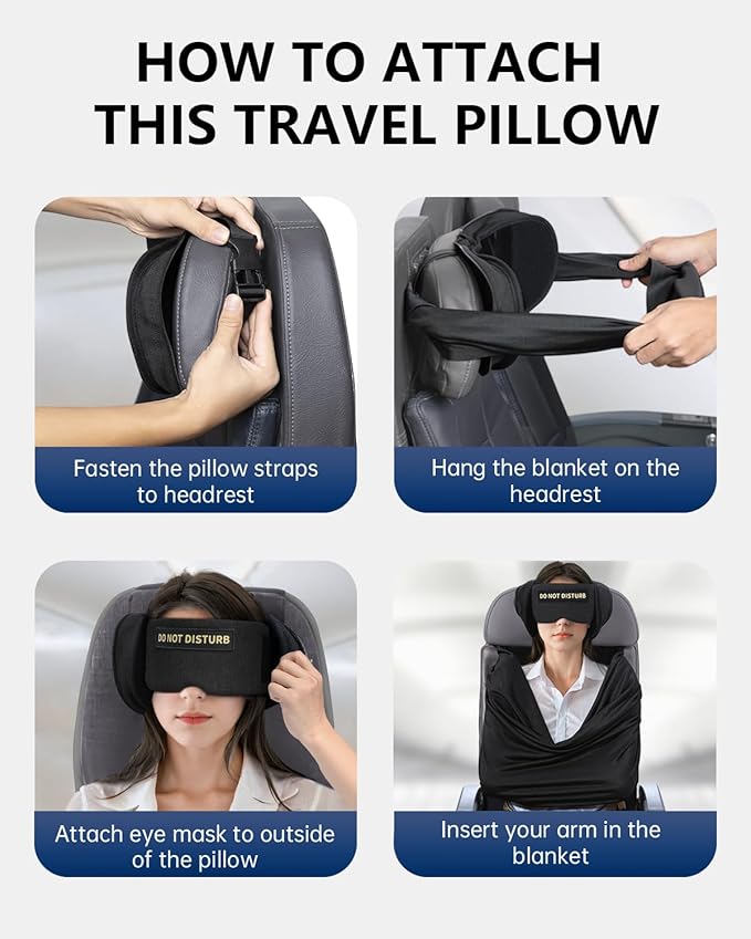 Travel Pillow and Blanket Set, Compact Airplane Pillow Bag with Eye Mask for Long Flights Sleeping, 360° Support Head Strap Travel Essentials for Plane Sleep Neck Upright, Stop Head Bodding (Black)